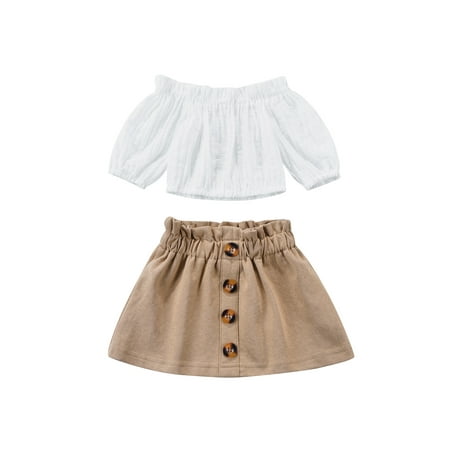 

Yinyinxull Spring Summer Kids Baby Girl Tops Skirt Suit Long Sleeve Off Shoulder Ruffle Shirt Casual Skirt Khaki 6-9 Months