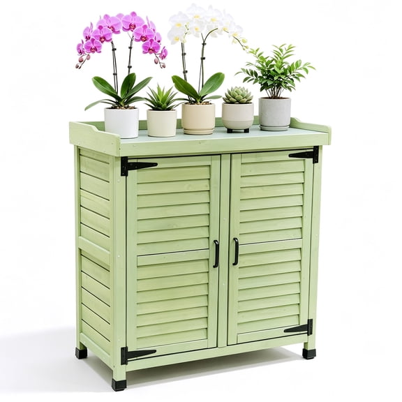 Outdoor Potting Bench with Metal Work Top - Waterproof Garden Storage Cabinet, Wooden Tool Station Shed for Backyard, Patio, Lawn Gardening