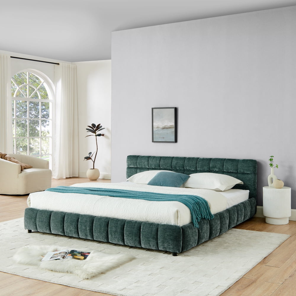 Hassch King Size Upholstered Platform Bed Frame with 4 Storage Drawers and Soft Headboard, Chenille Fabric, Dark Green