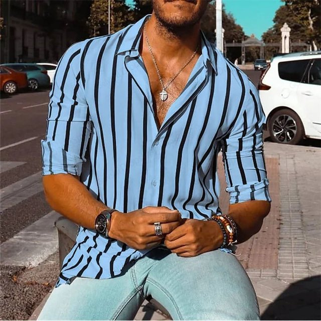 Camisa de hombre con estampado de rayas sueltas, camisas hawaianas de manga larga, camisa de playa de moda para hombre, blusa cubana, ropa de hombre, ropa de calle cómoda