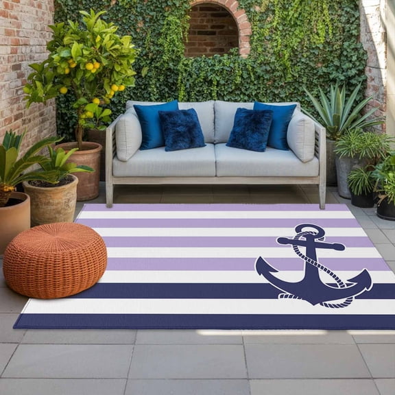 Outdoor Rug 3x5 ft Purple Stripes Outdoor Large Area Rug Non Slip Rubber Navy Blue Nautical Anchor Front Door Mat RV Rug Camping Carpet Patio Outdoor Rugs for Backyard Balcony Deck Porch Indoor