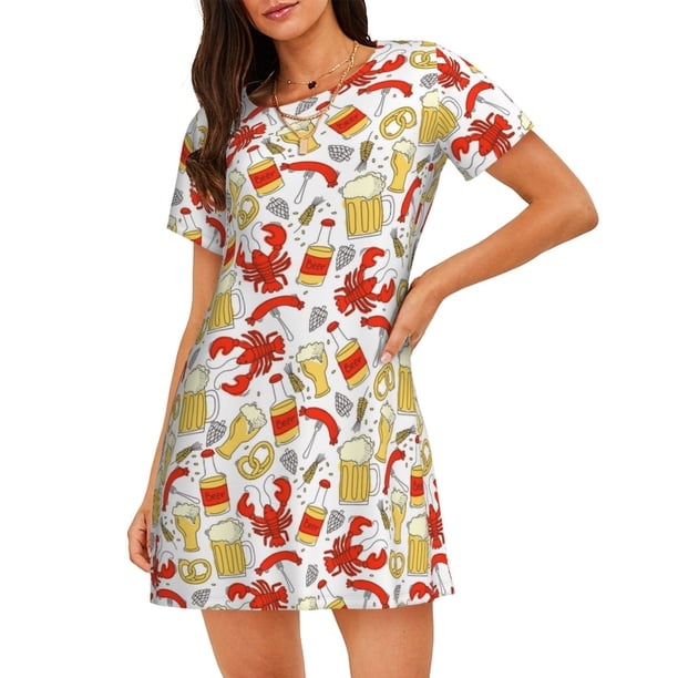 Fotbe Crabs And Beer Bata de Dormir para Mujer con Estampado, Camisón de Algodón de Manga Corta, Ropa de Dormir Casual