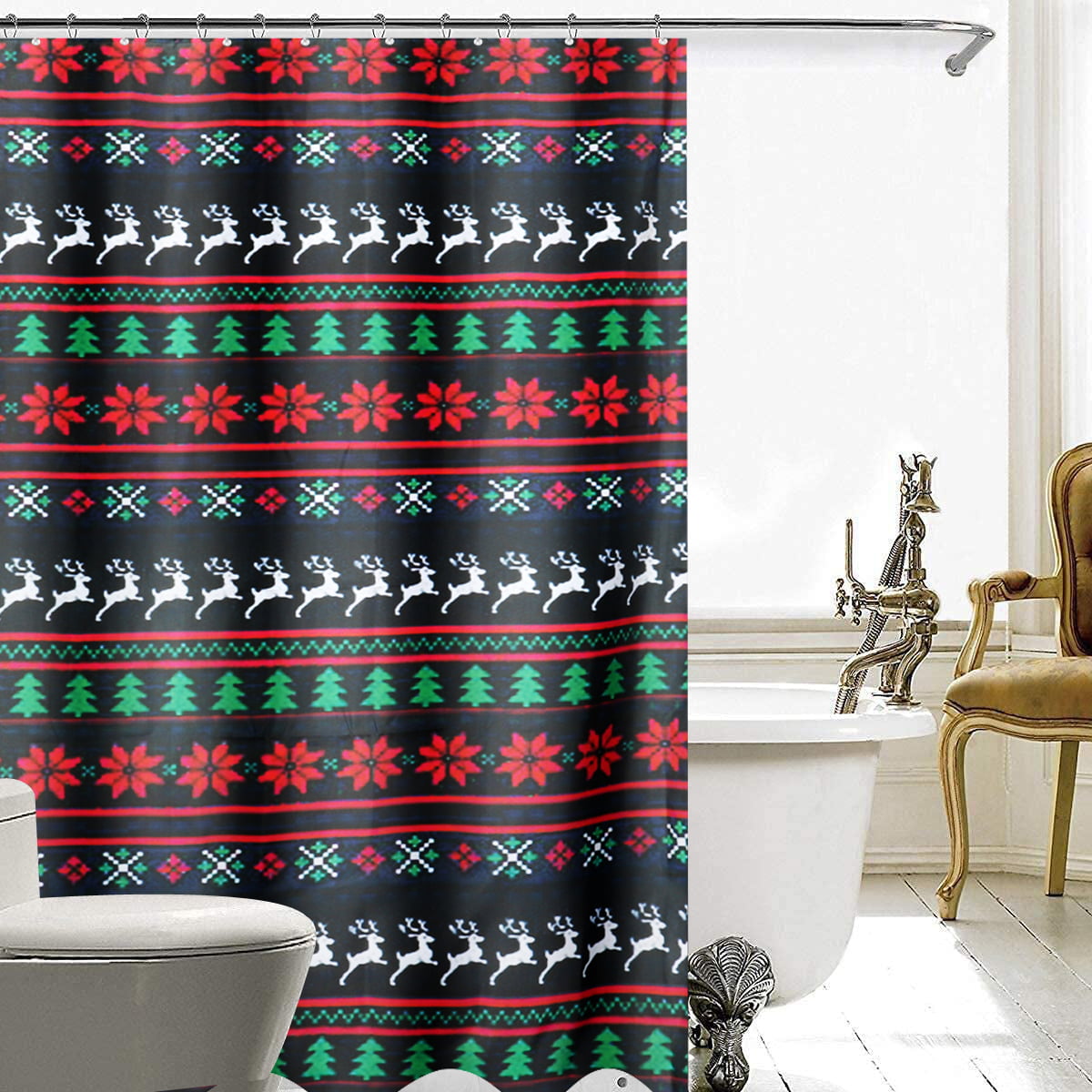 4Pcs/Set Christmas Waterproof Shower Curtain Toilet Lid Cover Bathroom Mat 