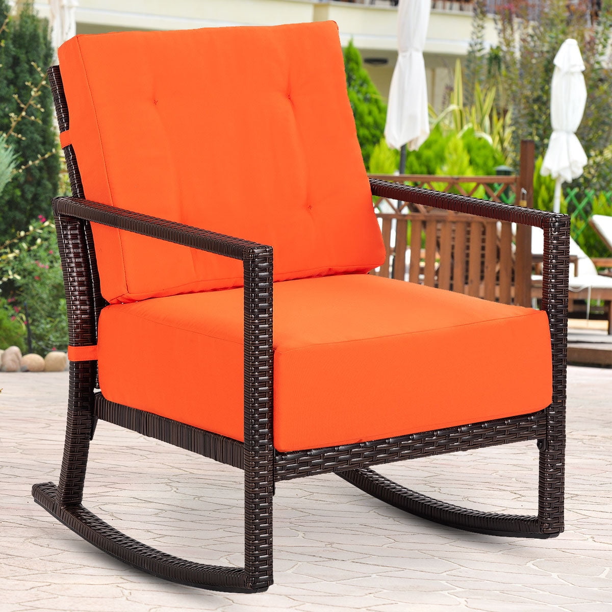 Gymax Patio Rattan Rocking Chair Rocker Armchair Outdoor Garden Furniture W/Cushions Walmart