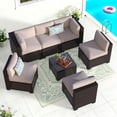 thumbnail image 4 of 7 Piece Patio Furniture Set, Wicker Patio Conversation Sets, Outdoor Sectional Furniture with Tempered Glass Table, for Backyard, Deck, Garden, Dark Brown Rattan & Khaki Cushions, 4 of 10