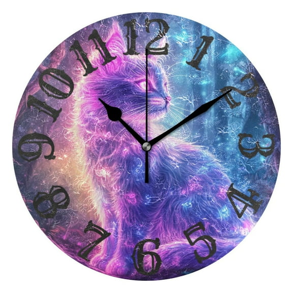Cat Glowing Neon Hair Wall Clock 10 inch Non-Ticking Easy to Read Decorative Clocks for Home Bedroom Living Room
