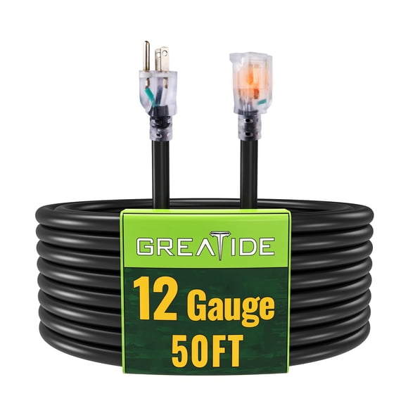 GREATIDE Rallonge Extérieure avec Extrémité Éclairée, Calibre 12 Robuste 50 Pi, Rallonge à 3 Broches Mise à la Terre 15 A, Cordon d'Alimentation Étanche 12/3 SJTW