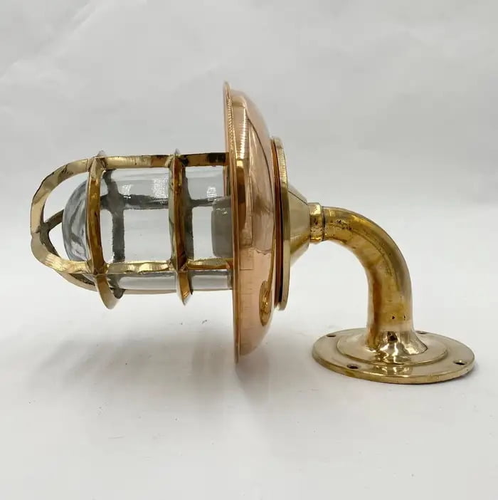Solid Brass Nautical Sconce with Copper Shield & Glass Globe – 90 Degree Wall Fixture