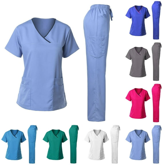 Bovxnpu Fall Winter Outfits for Women, Women 2 Piece Set Nurse Uniform Short Sleeve V Neck Set Comfortable Workwear