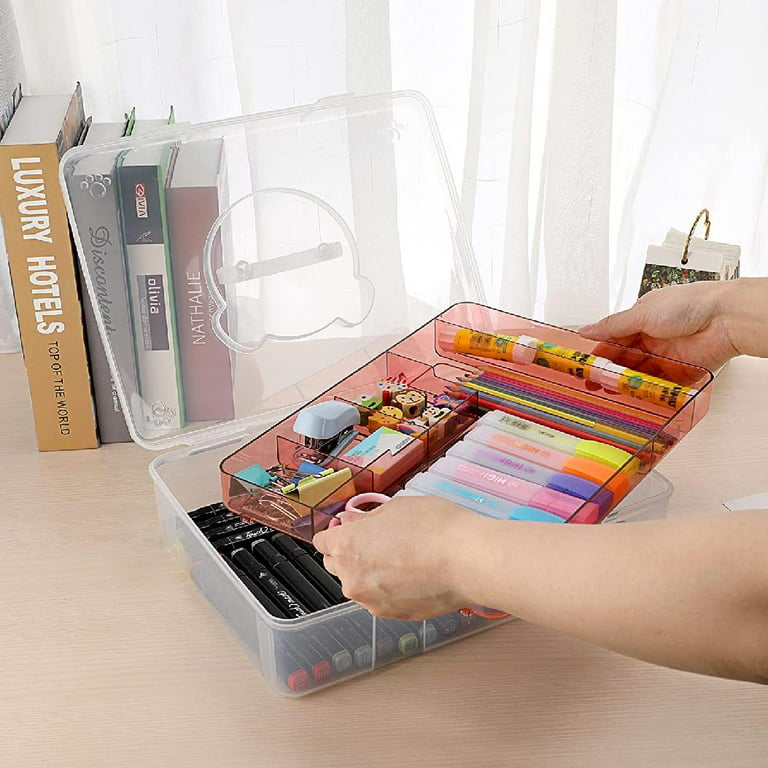 Storage Box with Removable Divided Tray Portable Clear Plastic Art Craft  Supply Organizer Stackable Home Office Supplies Storage Container for Pens