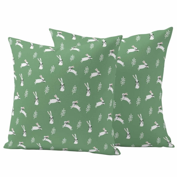 Outdoor Waterproof Pillow Covers Easter Bunny with Bow Leaves on Green Decorative Throw Pillow Protectors,Pillowcase Cushion Cases for Patio Sofa Garden Couch,16x16in,Pack of 2