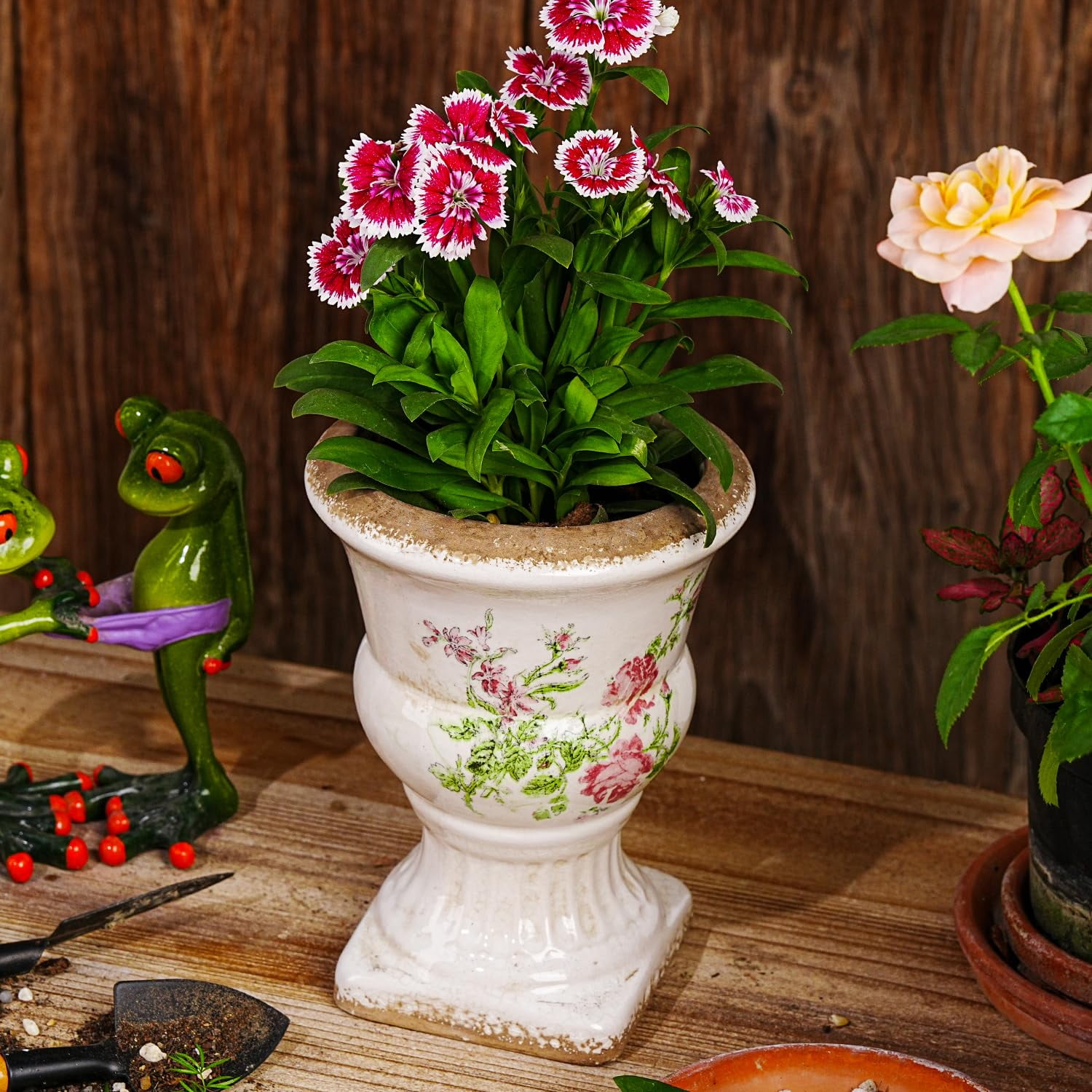 Sungmor Small Ceramic Urn Planter - Pink Scroll Floral Pedestal Flower Pot, Decorative Vintage Chinoiserie Style Planters, Tuscan Accent Vase Indoor Outdoor Plant Holder with Drainage