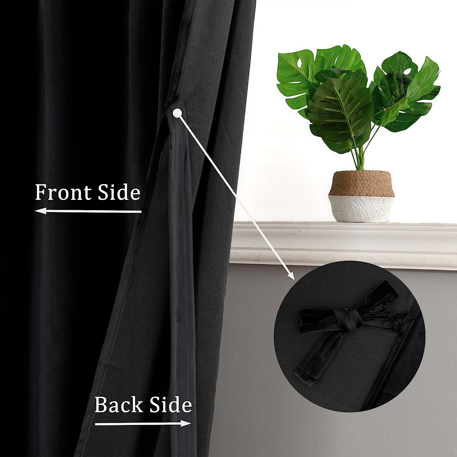 Hiasan Luxury Black Velvet Curtain with Tiebacks-Blackout Curtains for Bedroom/Living Room, Rod Pocket, 60" x 84", Set of 2