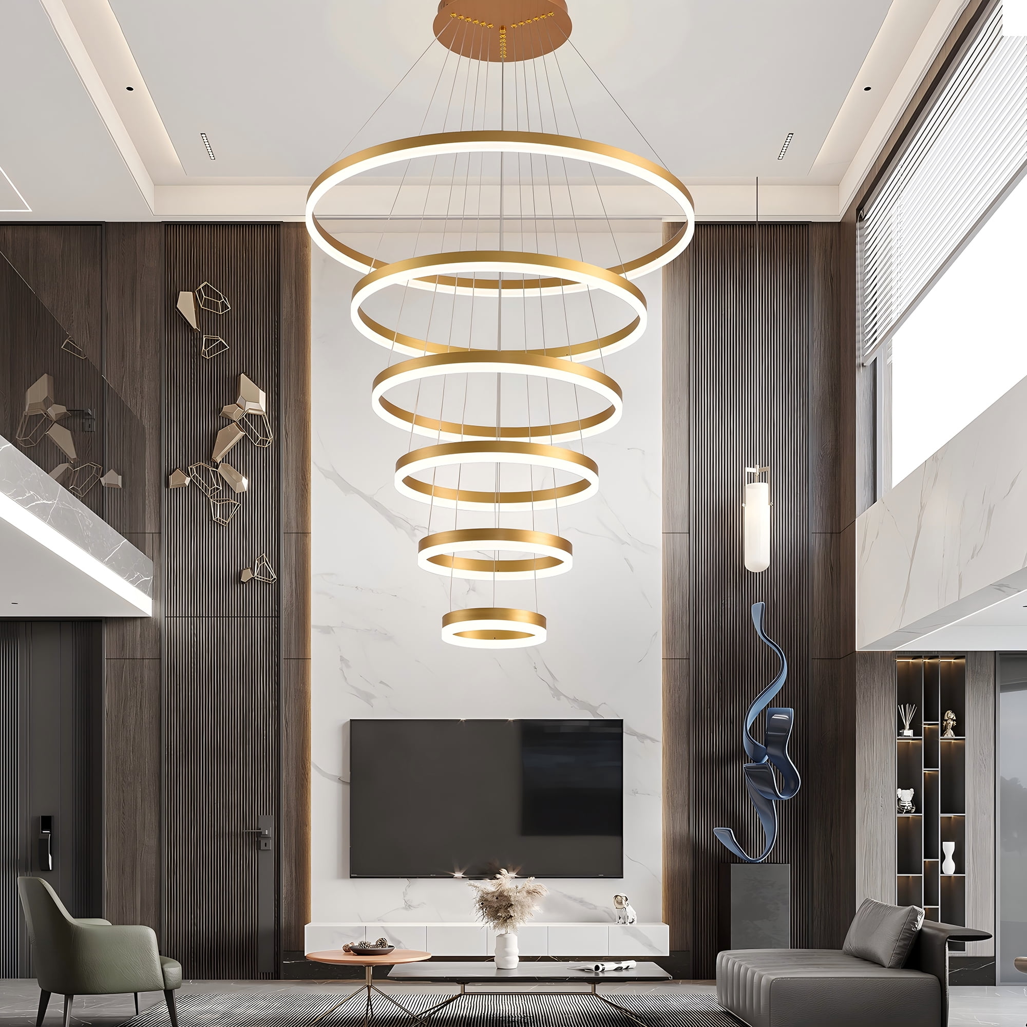 Modern 6-Ring LED Chandelier for High Ceilings, Adjustable Gold Pendant Light with Remote, Dimmable Flush Mount Fixture for Foyer, Entryway, Living Room Dining Room