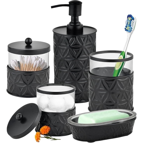 5-Piece Matte Black Bathroom Accessory Set Soap Dispenser & Dish, Toothbrush Holder, 2 Storage Jars