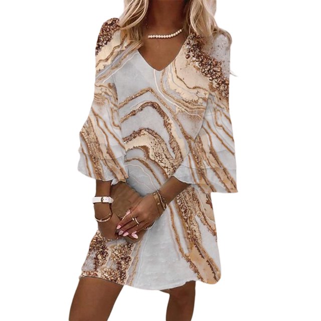 Txlixc Vestido estampado de 3 / 4 mangas para mujeres, vestido de verano con volantes de cuello V Txlixc moda