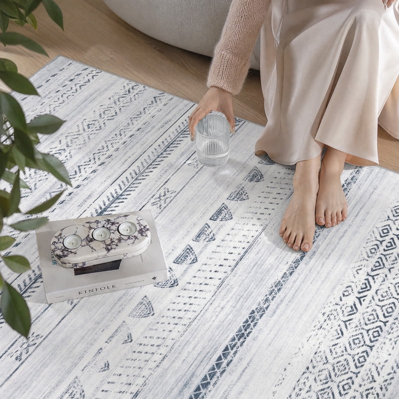 VUNATE 5'x7' Area Rugs for Living Room Washable Rugs Boho Moroccan Area Rug Soft Neutral Geometric Bohemian Carpet Distressed Indoor Rug for Bedroom Dining Room Office Foldable Nonslip Rug Blue