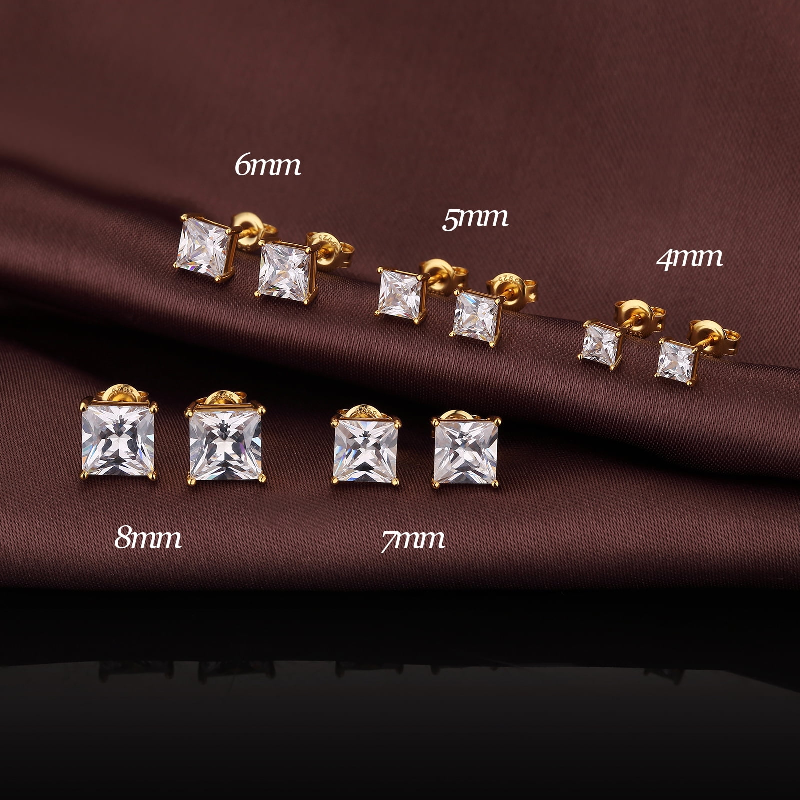 Men Earrings Gold Square Earrings for Men Women Stud Earrings Square Diamond Earrings Square Cubic Zirconia Earrings Gold Stud Earrings Square Gold Earrings 4mm