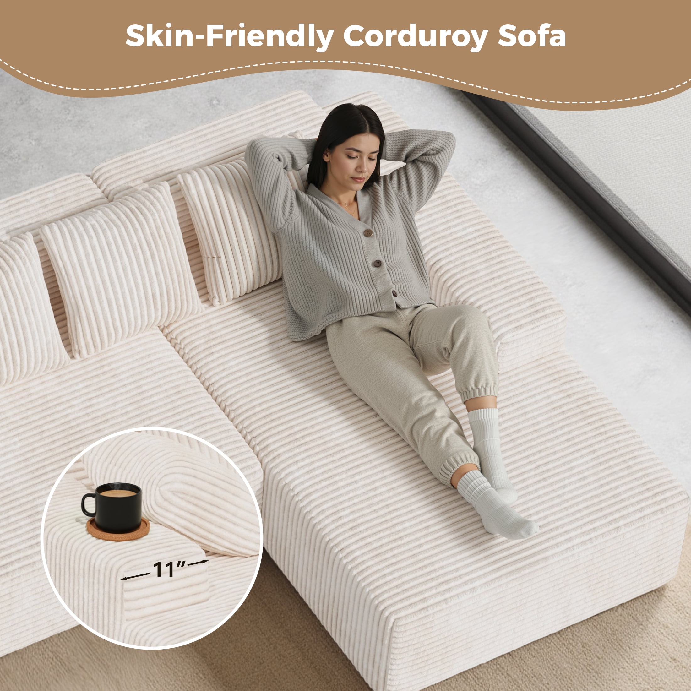 Daluvenix 131'' Modular Sectional Couch Modern U-Shaped Floor Sofa with Double Chaise Lounge Free Combination Luxury Couches for Living Room Beige