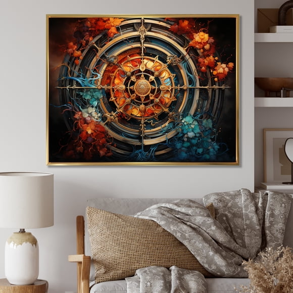 Designart Orange Traditional Gold framed wall art, Buddhism framed wall Art, Orange Blue Buddhist Art Dharma Wheel , Buddhism framed wall art decor, 44x34 inches Gold Frame