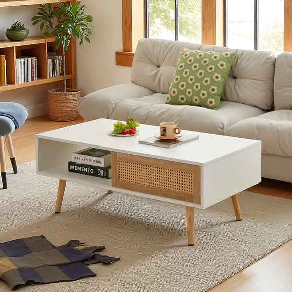 GZXS 41.34" White Coffee Table with Sliding Rattan Door & Storage Shelf, Solid Wood Legs, Modern Rectangular Center Table for Living Room, Home Decor