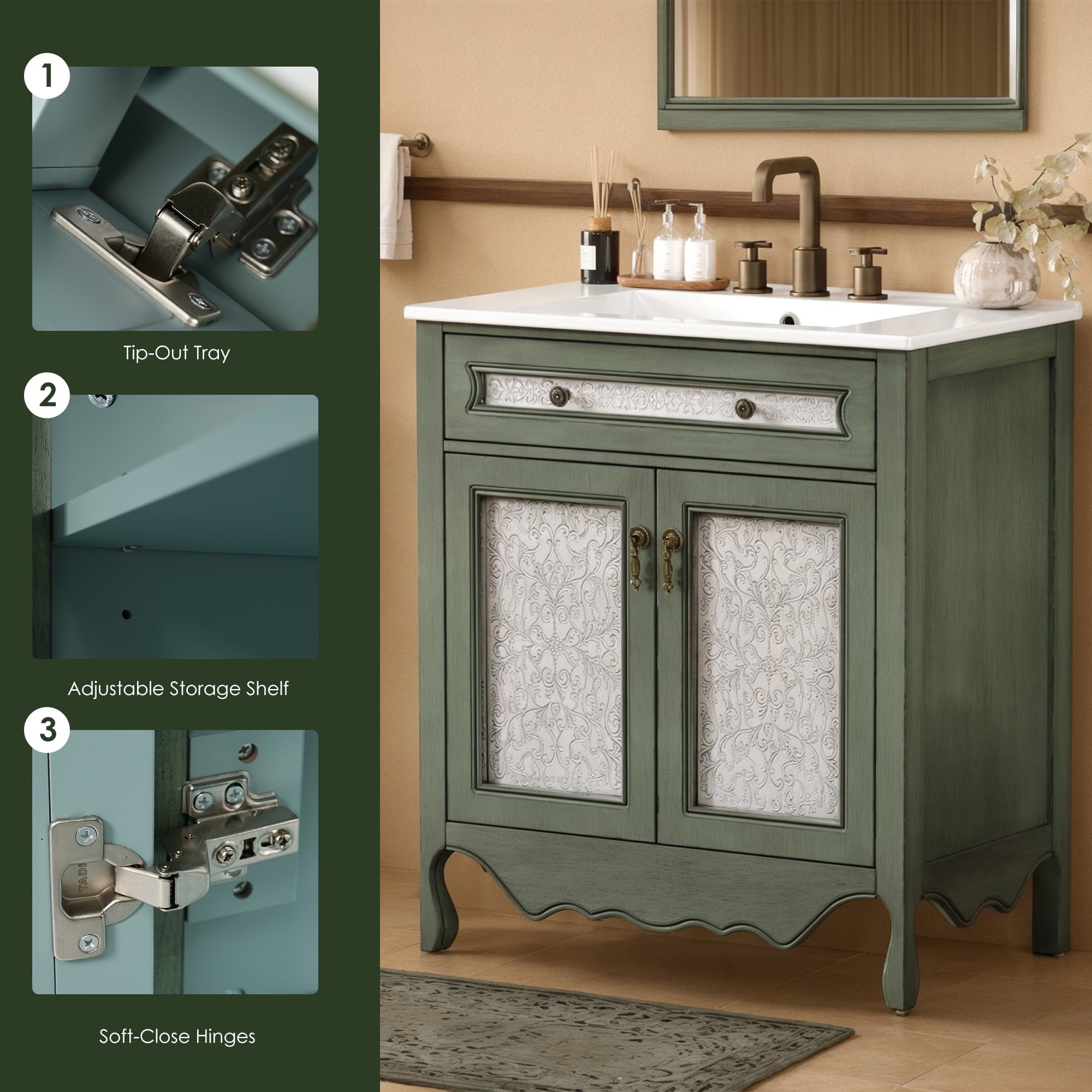 SogesPower 30" Antique Pattern Bathroom Vanity with Ceramic Sink, Solid Wood Bathroom Makeup Cabinet with Tip-Out Tray / Flip-Out Drawer, FreeStanding Single Basin Vanity Set, Antique Green + Blue