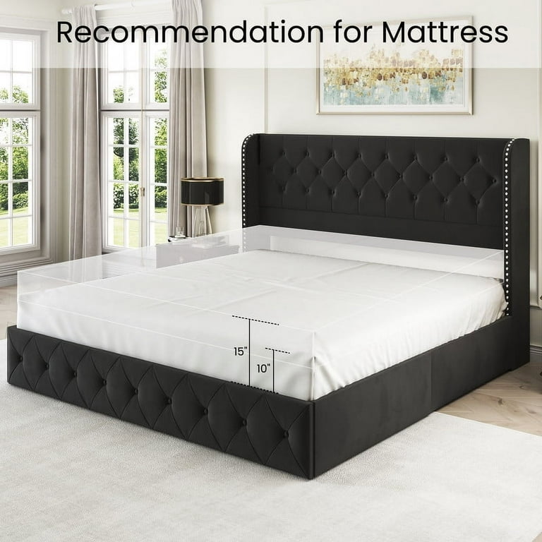 LARMACE King Size Bed Frame, 4 Storage Drawers, Tufted