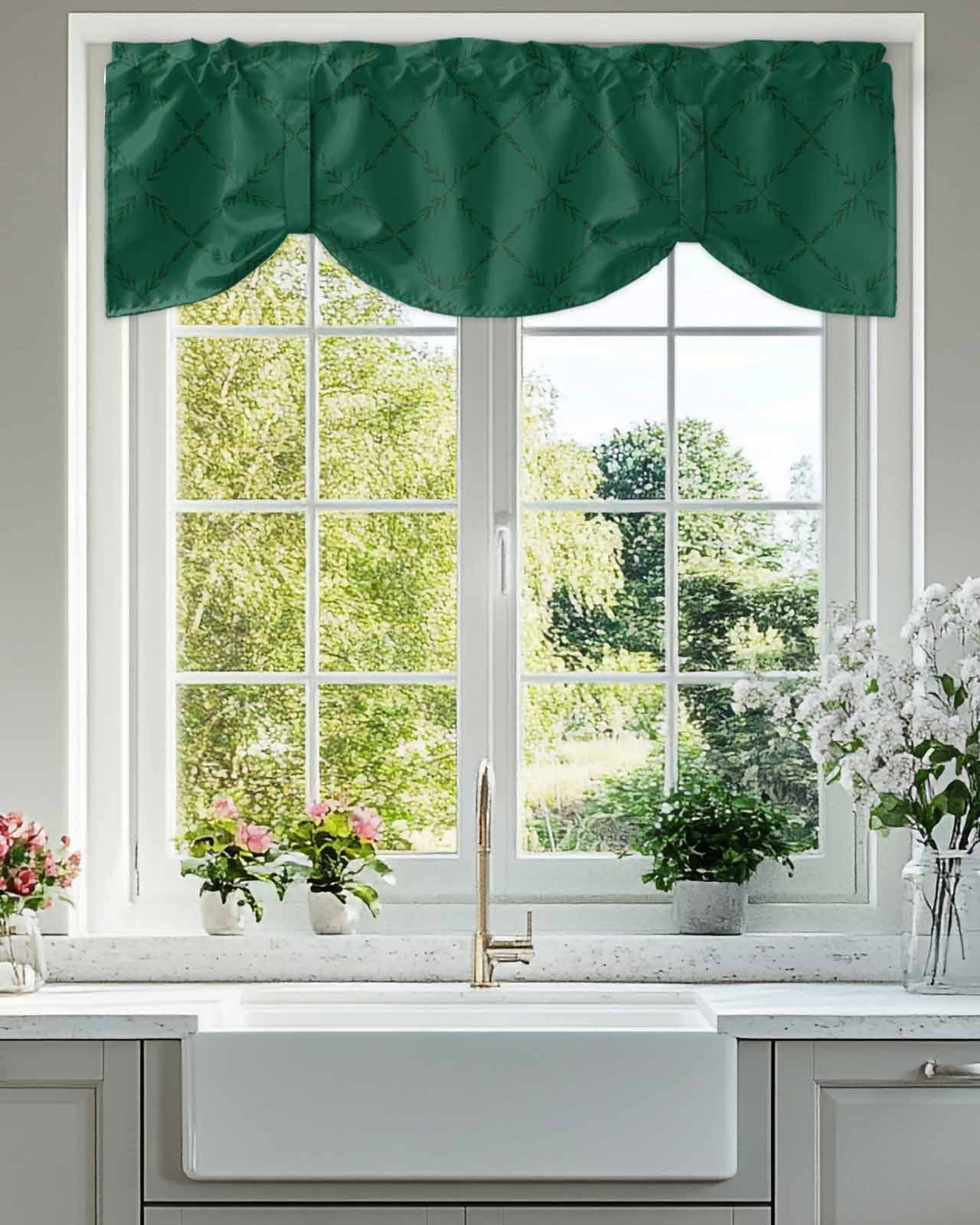 Green Rhombus Tie Up Valances Curtain, Adjustable Kitchen Modern Green Plaid Abstract Geometric Diamond Lattice Valances for Windows Decor, Rod Pocket Short Curtains Set for Bedroom/Bathroom, 54"x18"