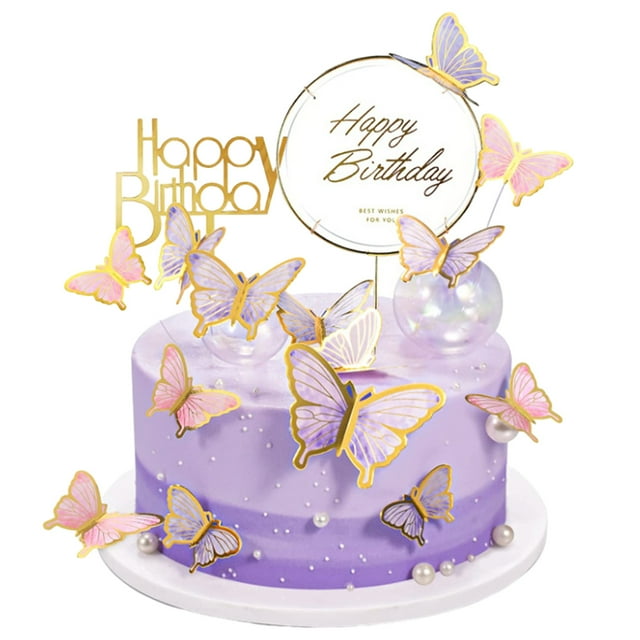 Decoración de pastel de mariposa, decoración de pastel de mariposa de oro metálico feliz cumpleaños, decoración de pastel de feliz cumpleaños