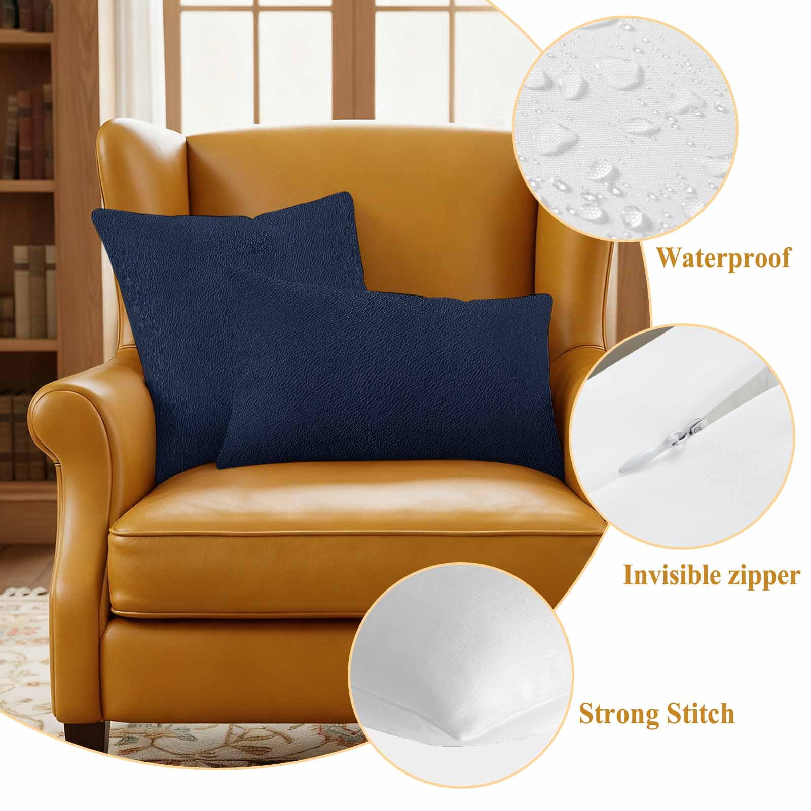 Solid Dark Blue Outdoor Waterproof Pillow Covers, Minimalism Abstract Denim Texture Decorative Square Throw Pillowcase Sofa Cushion Sham for Patio/Couch/Chair, 26"x26" 2 Pack