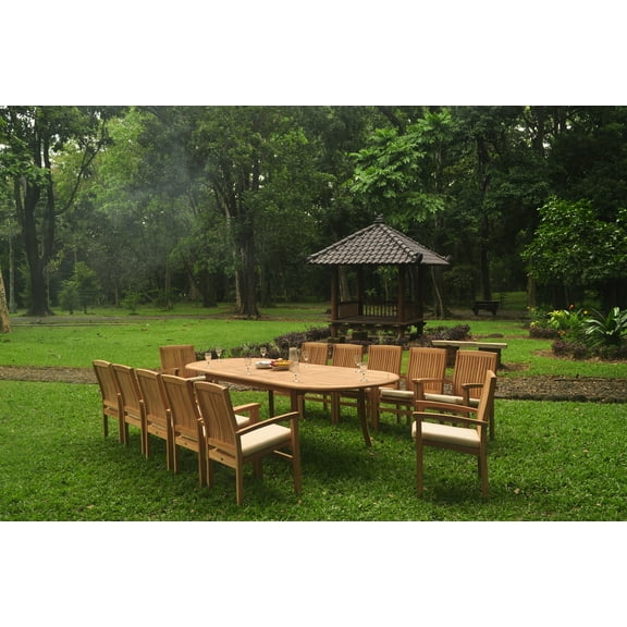 Grade-A Teak Dining Set: 12 Seater 13 Pc: 118" Double Extension Oval Table And 12 Wave Stacking Arm Chairs Outdoor Patio WholesaleTeak #WMDSWV14