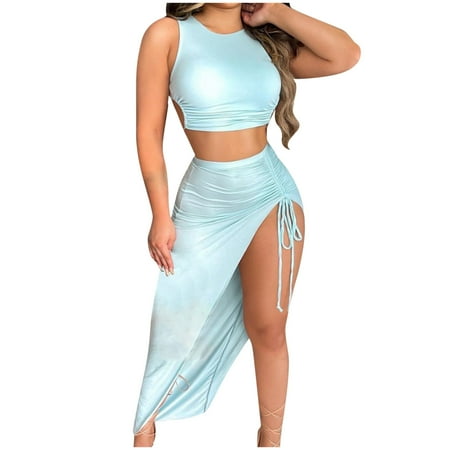 

Floleo Women s Tops Clearance Summer Print Sleeveless Crewneck Pullover Crop Tops+Sexy Elastic Skirt Set