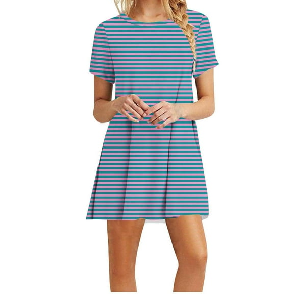 IROINNID Summer Dresses for Women , Women Short Casual Dresses, Short Sleeve and Round Neck Stripe Summer Holiday Dresses