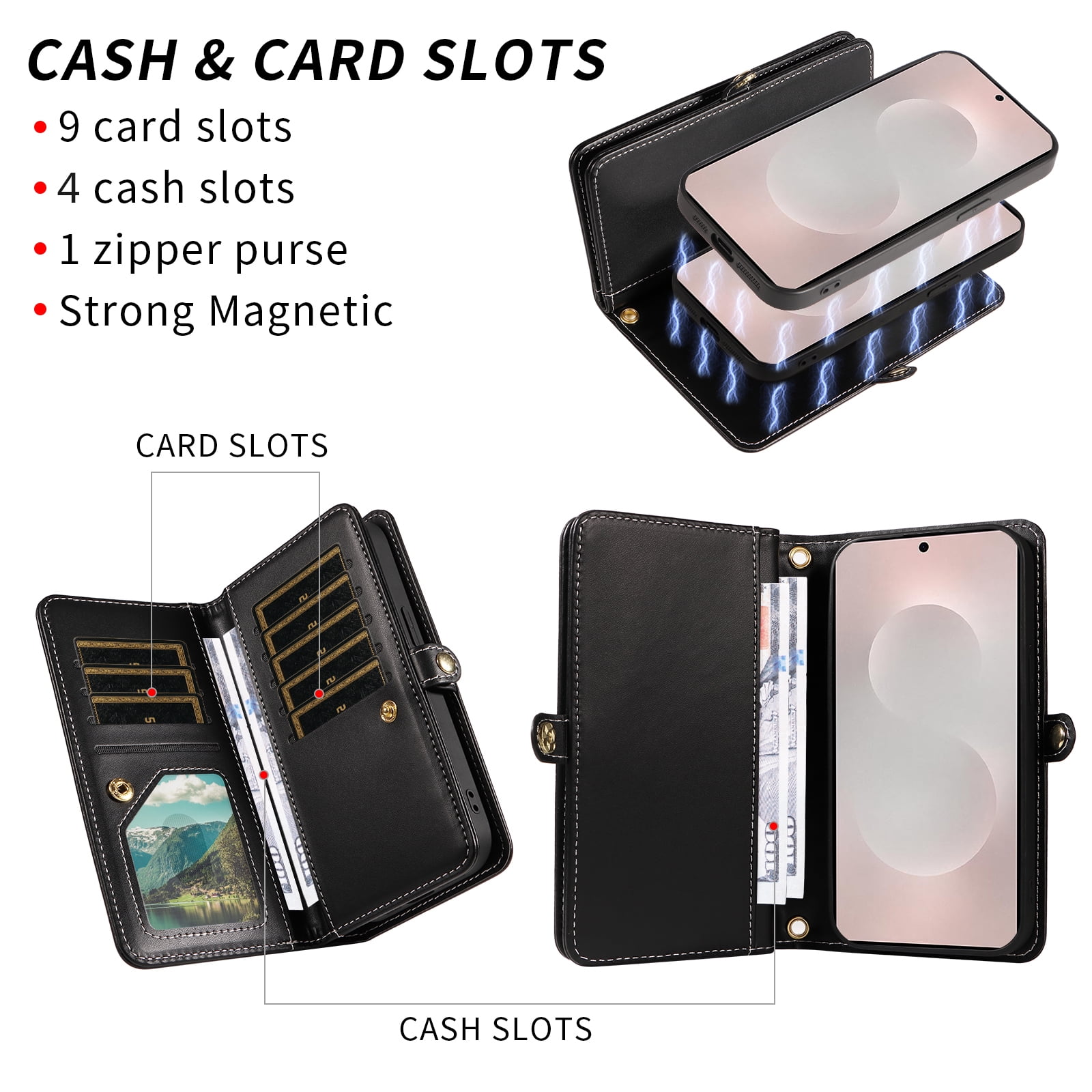 Asuwish Phone Case for Samsung Galaxy S25 Edge 5G Zipper Wallet Detachable Cell Cover with Tempered Glass Screen Protector Crossbody Lanyard Strap Bling Glitter Flip Card Holder Slot S25Edge Black