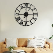 Metal Wall Clock 16.5" Large Metal Vintage Retro European Industrial Wall Clock with Large Roman Numerals Indoor Silent Battery Operated Metal Clock