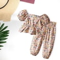 thumbnail image 4 of LNMQLPDBS Girls Summer Sets Puff Sleeve Ruffle Hem Floral Printed Top & Elastic Waist Pants 2pcs Outfits Summer Outdoor Casual Fashionable Suit Toddler Girl Clothes for Tour Vacation and Photo, 4 of 4