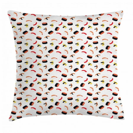Sushi Throw Pillow Cushion Cover, Tasty Rolls and Nigiri Figures Scattered in Random Order Traditional Cuisine Concept, Decorative Square Accent Pillow Case, 18 X 18 Inches, Multicolor, by