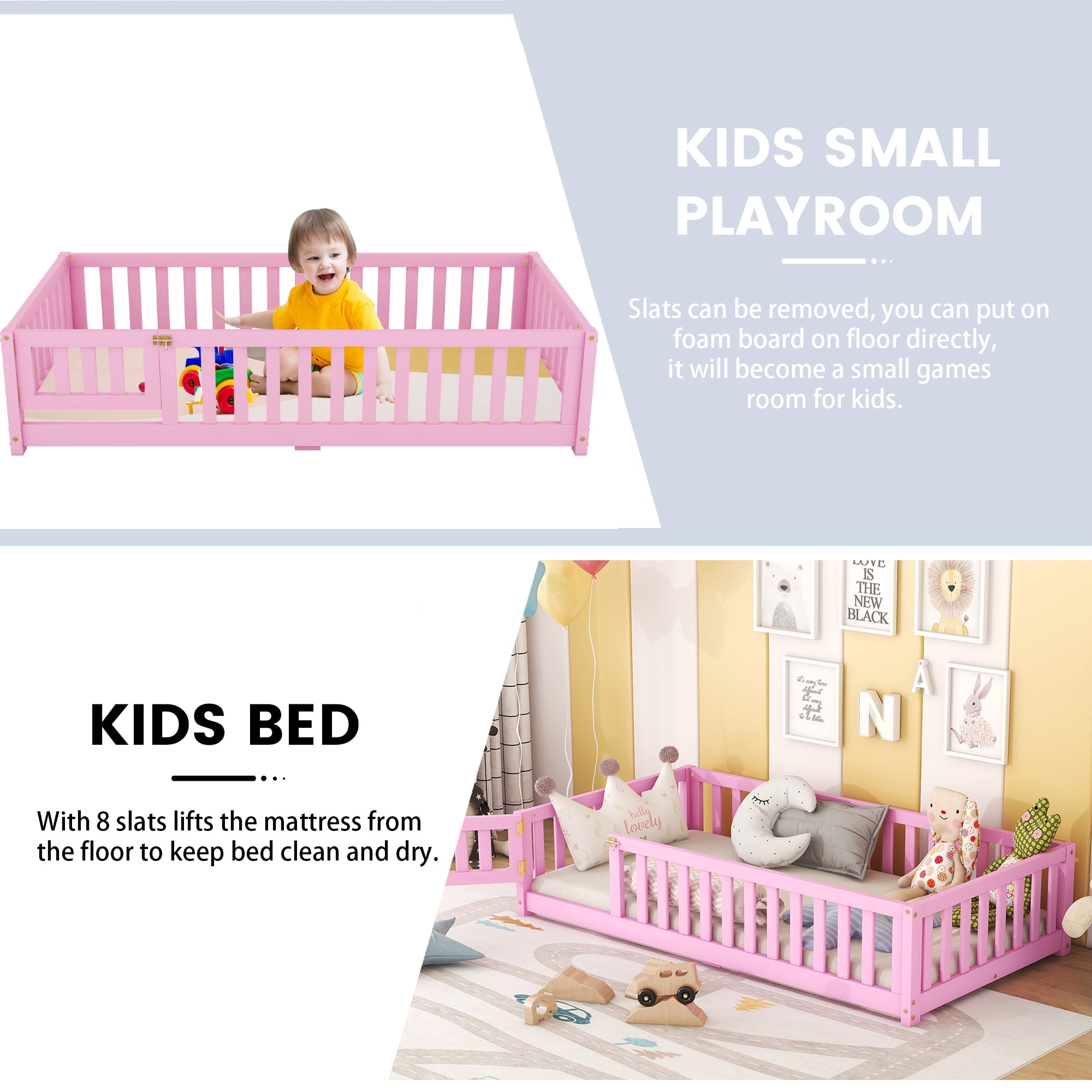 Miniyam Twin Size Toddler Floor Bed with with Safety Guardrails, Pink
