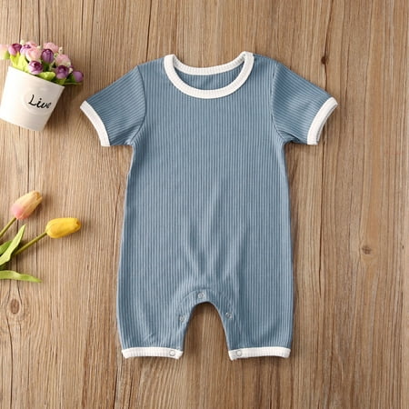 

SXVZBH Baby Solid Color Ribbed Romper Short Sleeve O-neck Knitted Jumpsuit