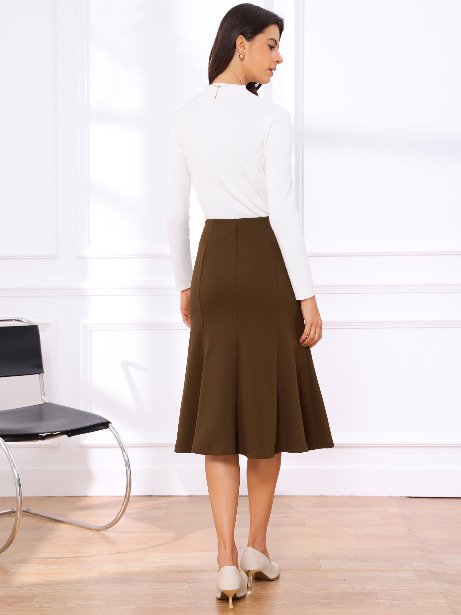 DARING DIVA Women's High Waisted Business Fishtail Midi Skirt M Brown
