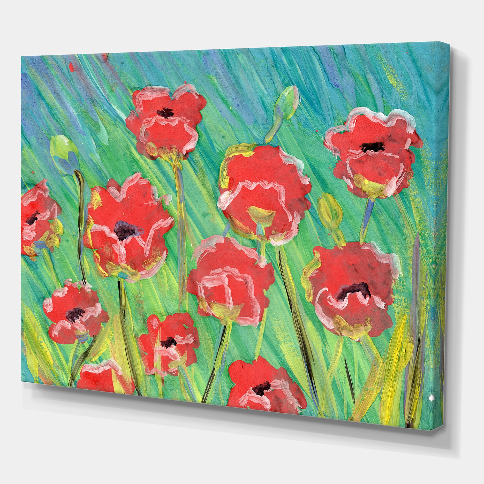 Designart ' Gouache Of Blooming Red Poppies ' Traditional Canvas Wall Art Print