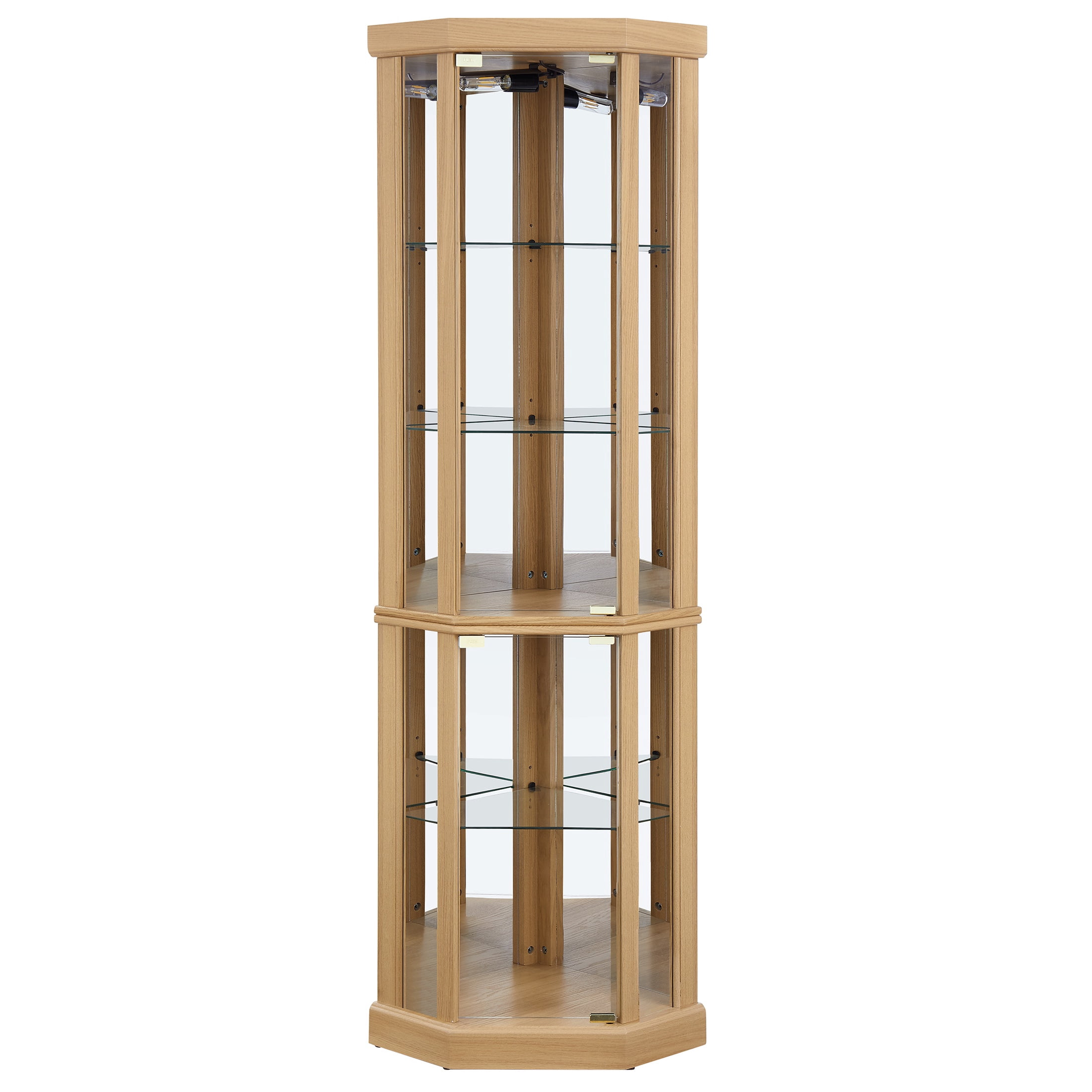 PORKISS Lighted 3-Side Glass Display Curio Cabinet with Tempered Glass Doors and Shelves, China Cabinet Wood Corner Cabinet with Bulb, Corner Curio Storage Rack for Bar, Liquor Storage, Oak