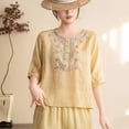 thumbnail image 6 of ClodeEU Women's Floral Embroidered Linen Blend Top,Casual Round Neck 3/4 Sleeve Blouse Yellow,Women's Plus XL, 6 of 6