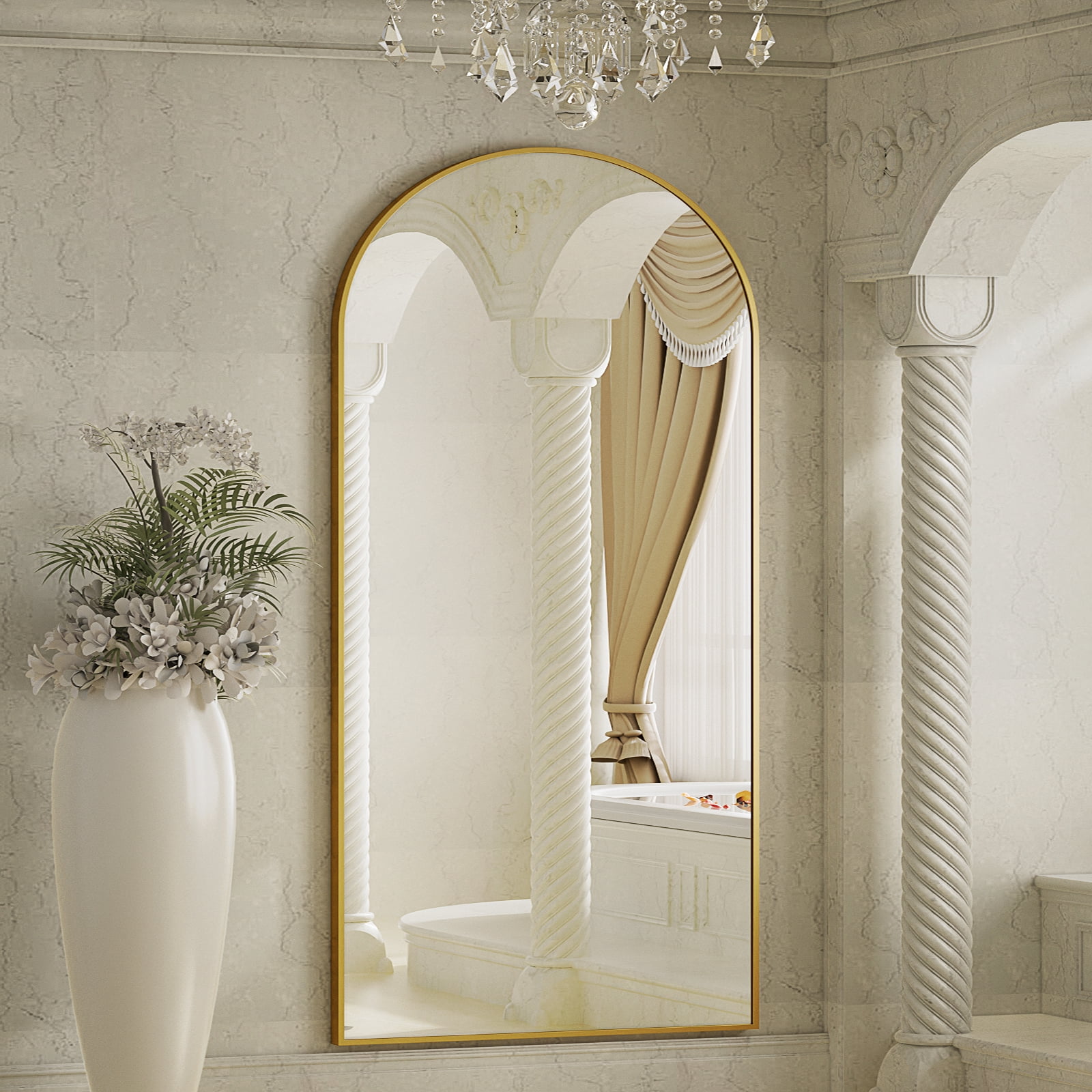 GRAHMCY 71"x30" Arched Full Length Floor Mirror Free-standing Mirror with Aluminum Alloy Frame, Gold