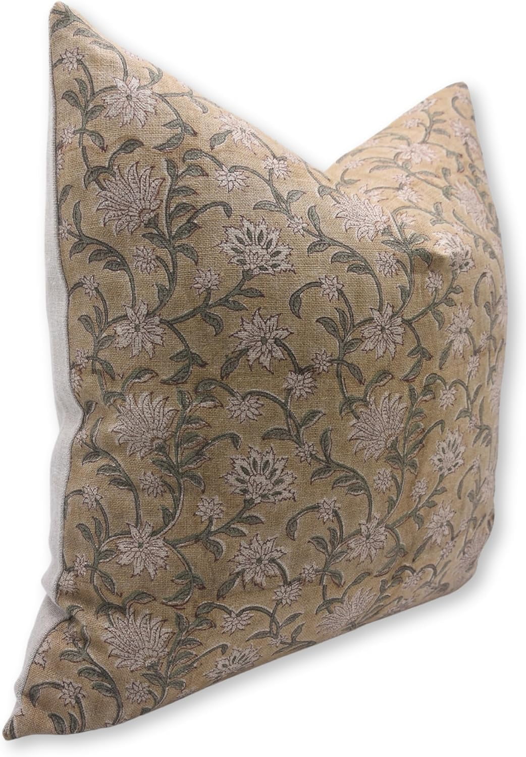 Fabdivine Block Print Throw Pillow Cover, 20x20 InchThick Linen Decorative Pillowcase, Floral Boho Design Brown Pillow Cover for Sofa And Couch