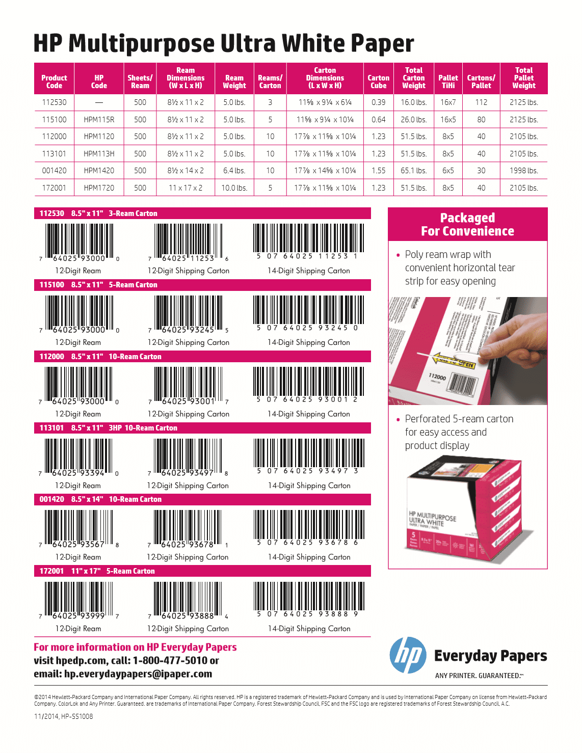 HP Multipurpose Ultra White Paper 8.5" x 11" 20lb 92 Bright (12530PLT) 1500 Sheets per Carton-112 Cartons per Pallet-168,000 Sheets Total. Made in USA