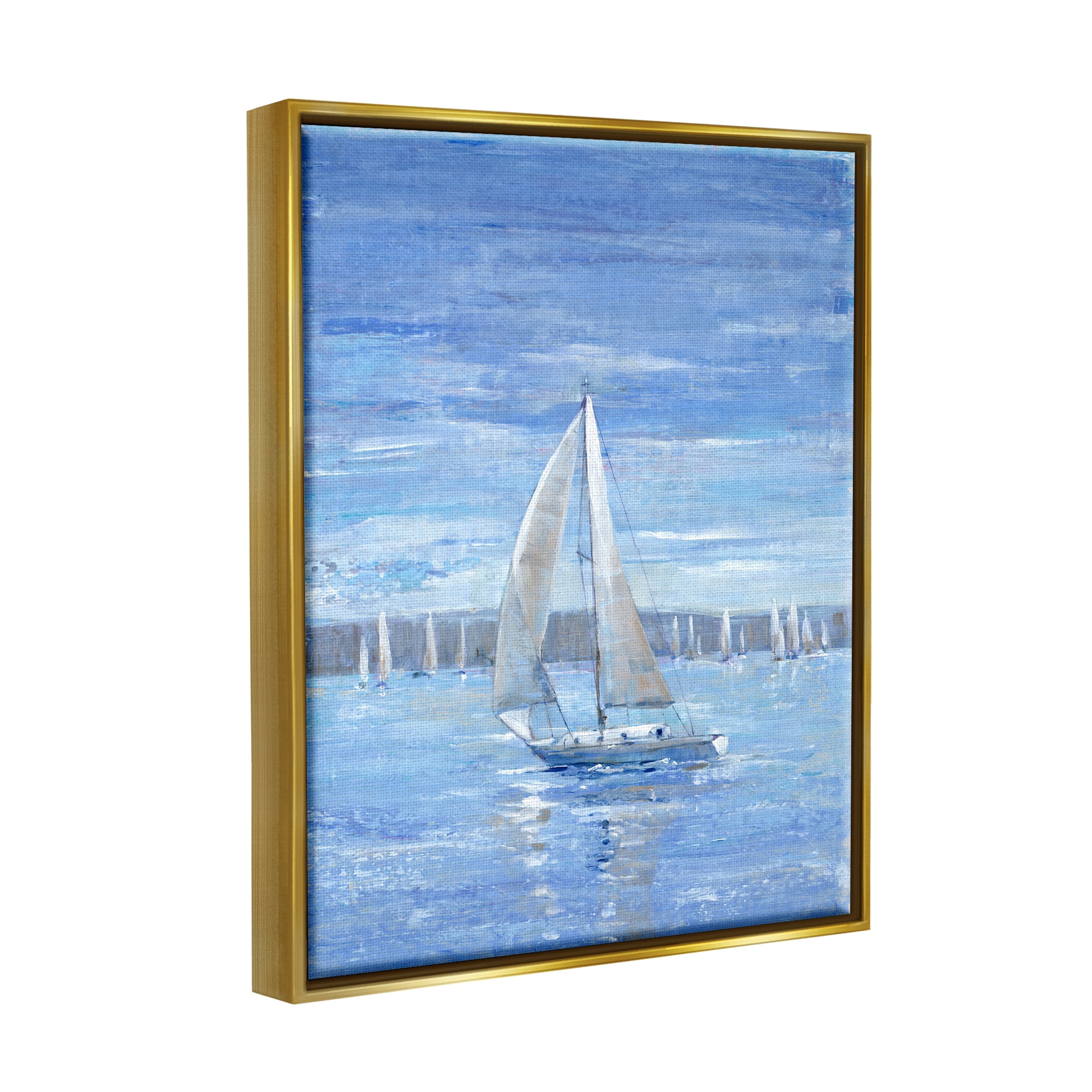 Stupell Industries Blue Sailboat Painting Transportation Painting Gold Floater Framed Canvas Art Print Wall Art, 17 x 21