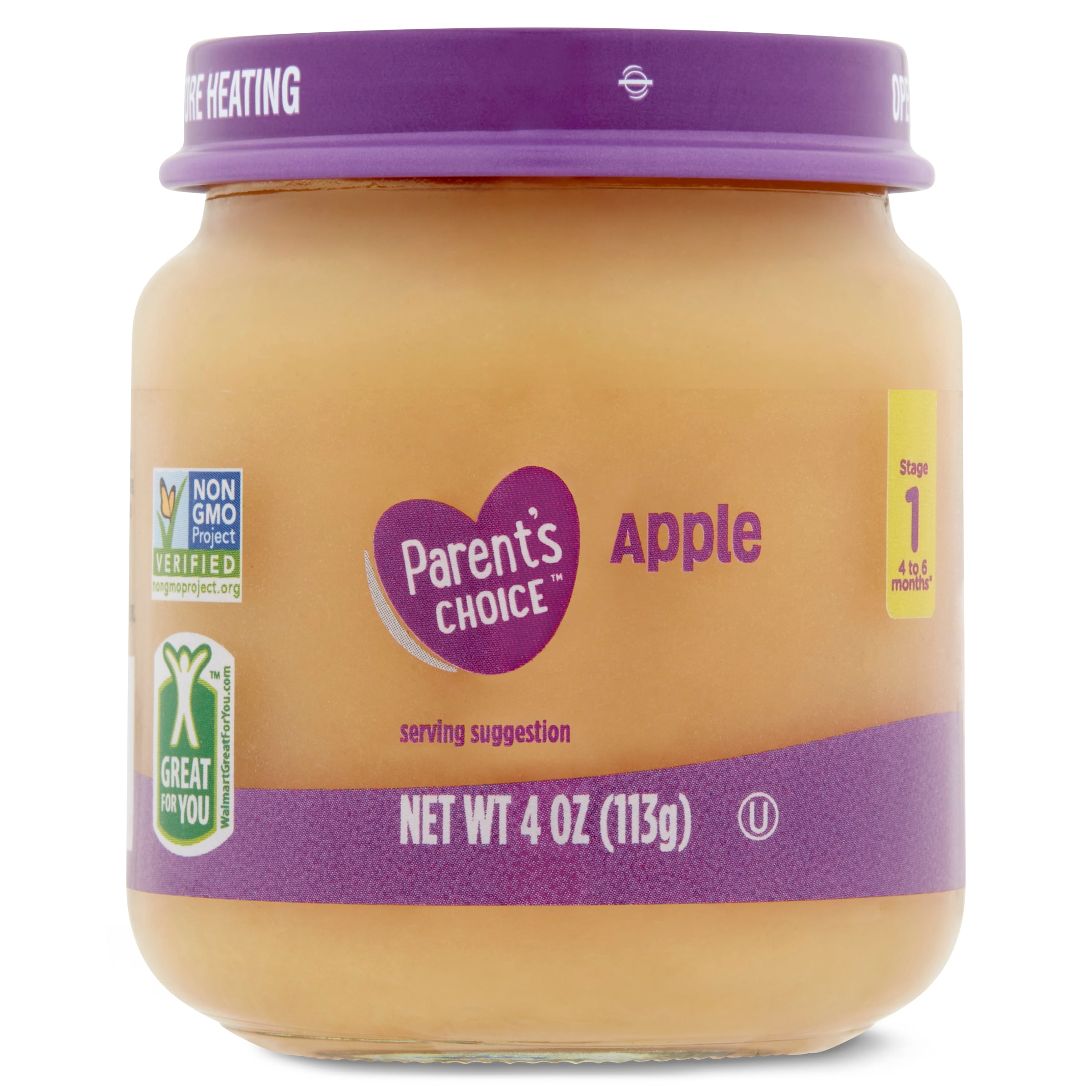 Parent's Choice Non-GMO Stage 1 Baby Food, Apple, 4 oz Jar