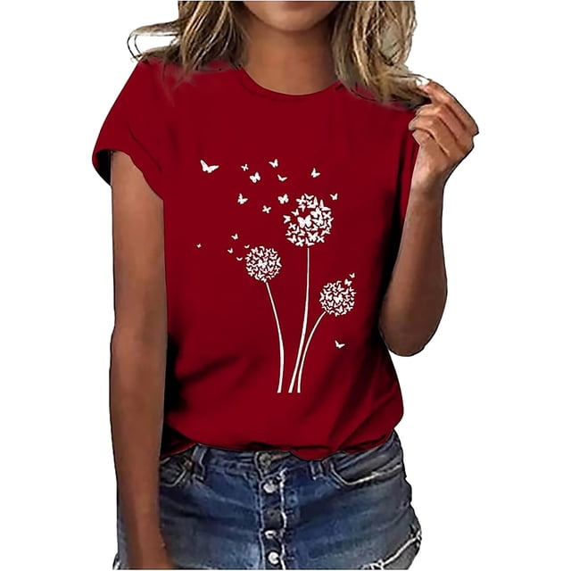 Hauts d'Été pour Femmes, Blouses Décontractées Élégantes 2024, T-Shirts à Manches Courtes Imprimés, Col Rond, Ample, Rouge