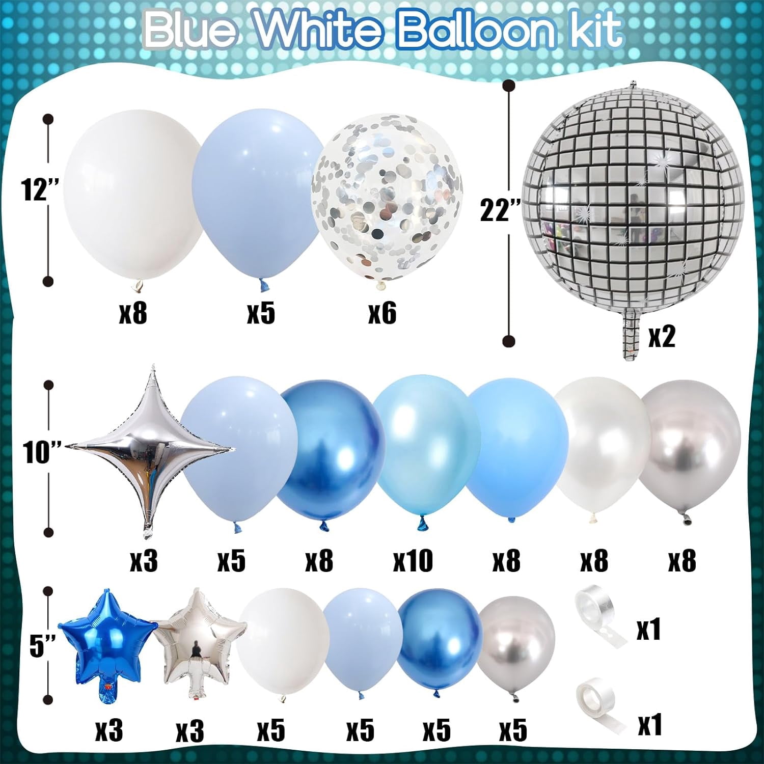 Blue Balloon Arch kit, and White Garland with 22 Inch Disco Ball Balloons Metallic Silver Star Foil Balloons, Confetti for 80s Party Decoration